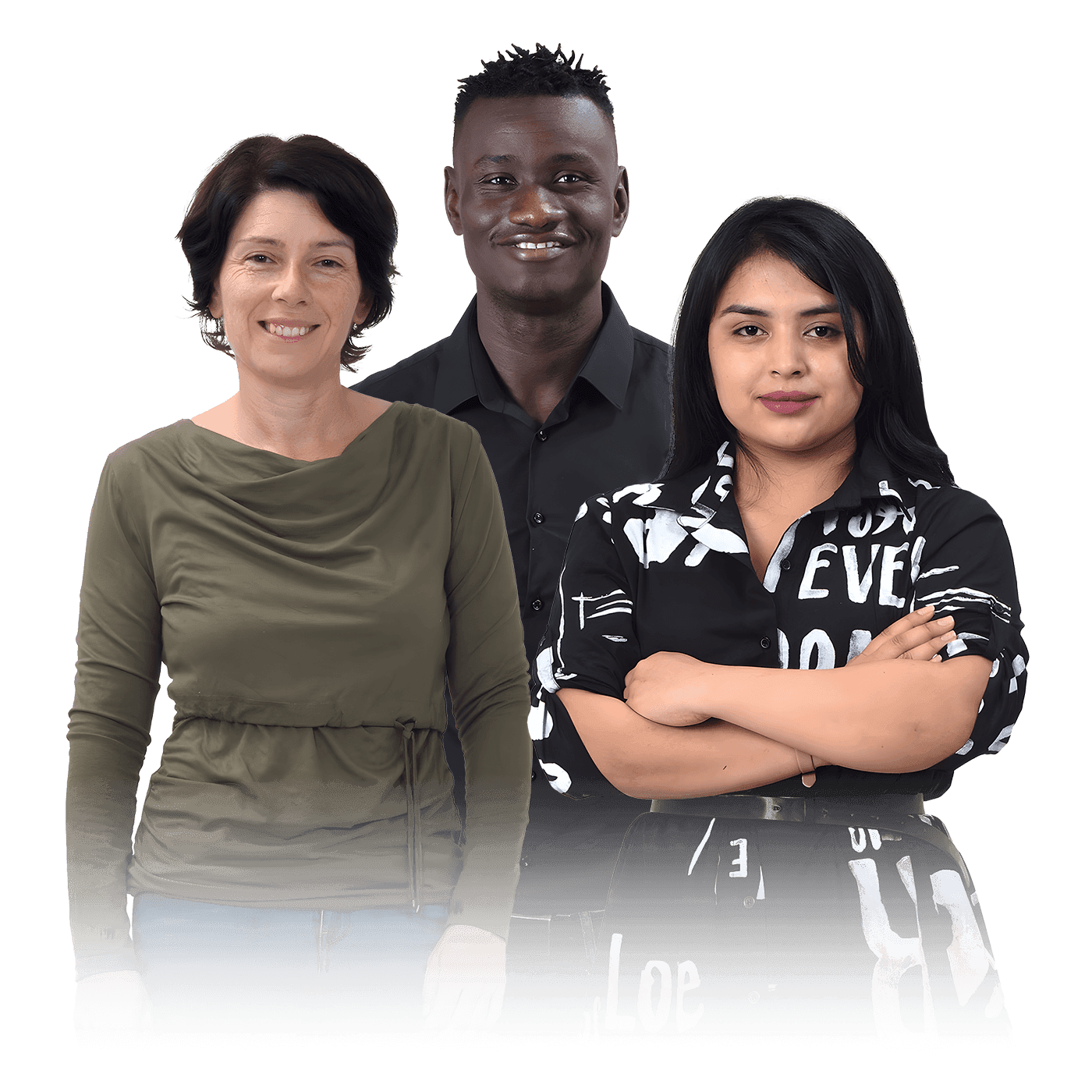 Two women and a man standing together.