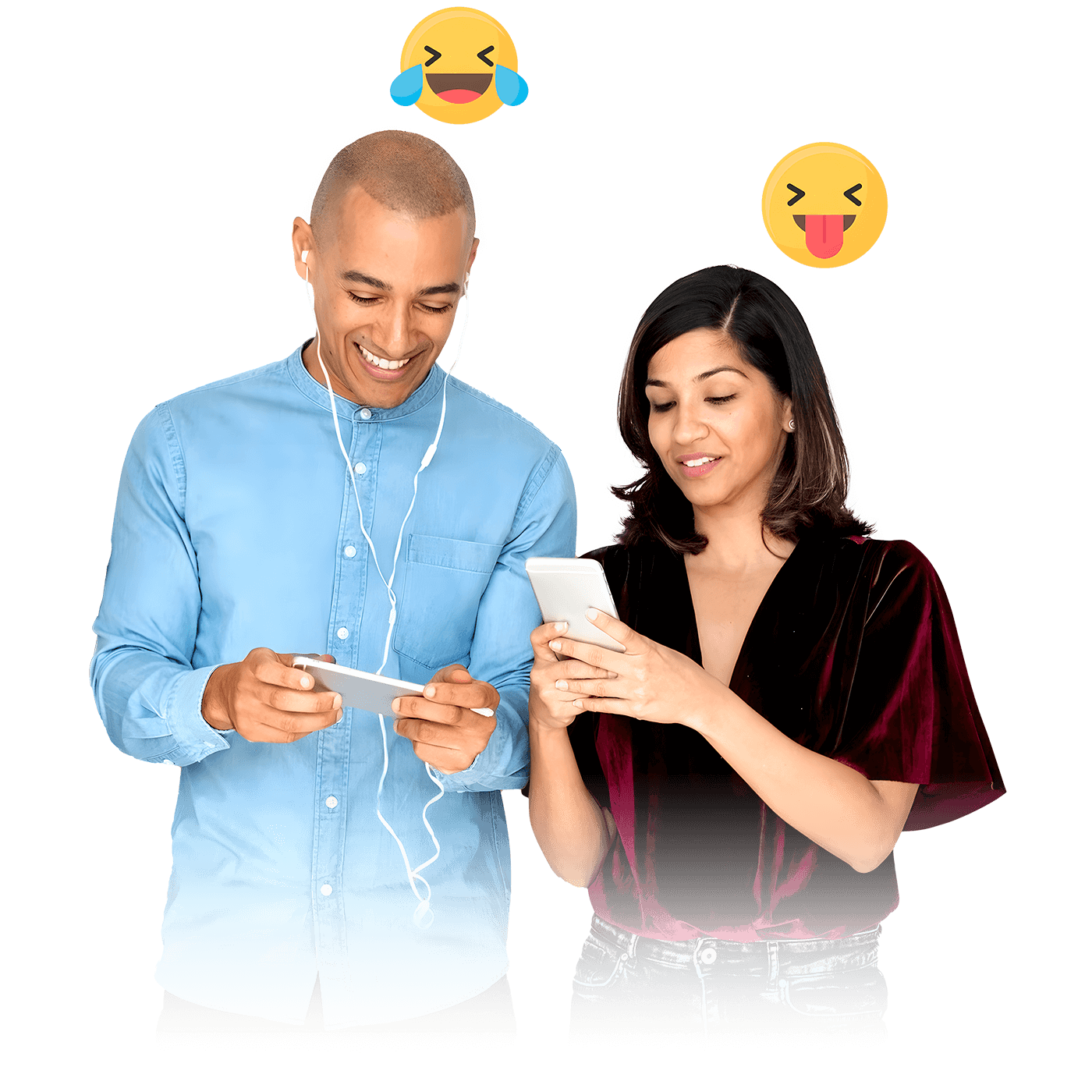 A man smiling while looking at his phone with earphones plugged in, and a woman engaged with her phone.