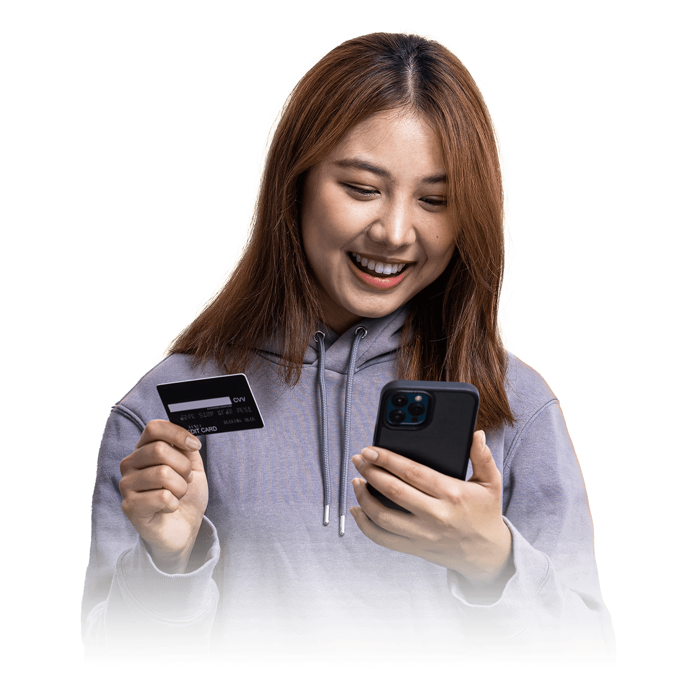 Woman making purchase on phone with credit card